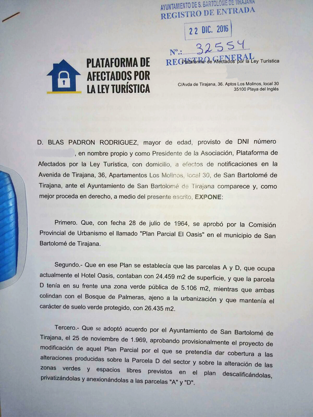 LA PALT INSTA A LAS INSTITUCIONES PÚBLICAS CANARIAS A LA DEVOLUCIÓN DE EL PALMERAL DEL OASIS, A LA CIUDADANÍA.